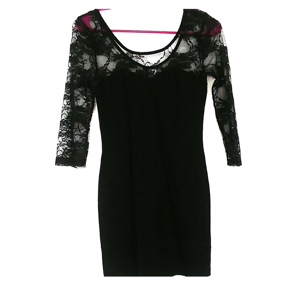 Dresses & Skirts - Black mini dress with lace sleeves and neck